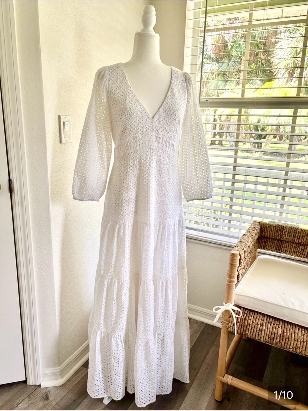 J. Crew White Eyelet V-Neck Maxi Dress with Puff Sleeves
